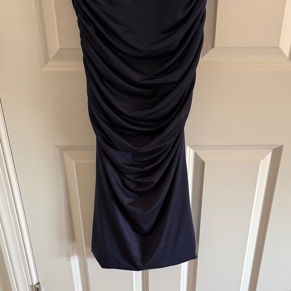 NWT Open Edit Navy Blue Sleeveless Mock Neck Ruched Bodycon Midi Dress XXS - Picture 3 of 5